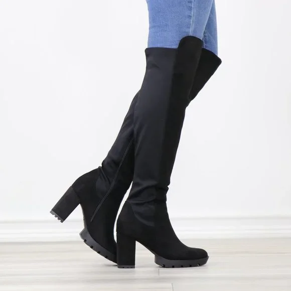Black Thigh High Over The Knee Lug Block Heel Boots Faux Suede Round Toe - Picture 8 of 14